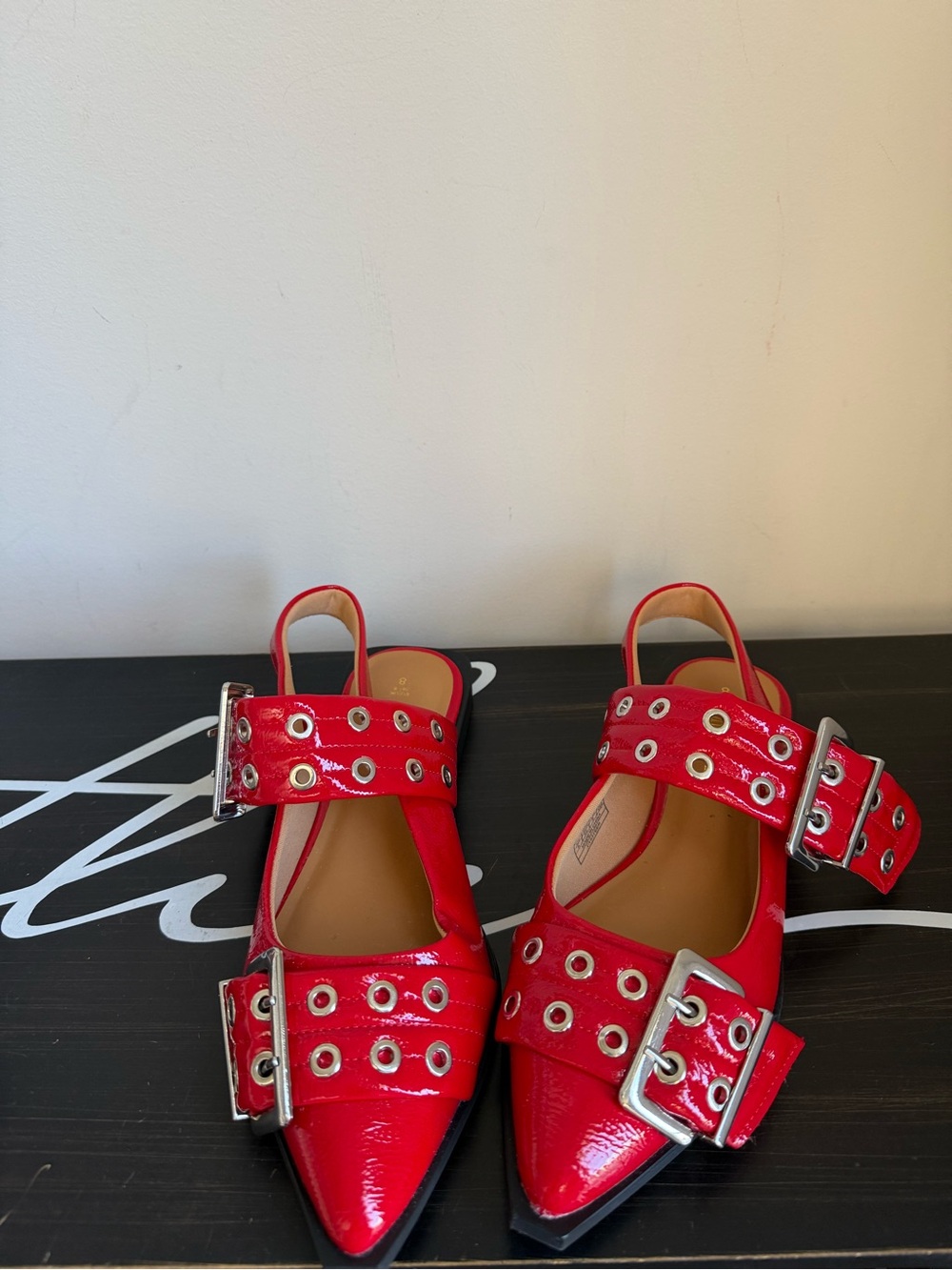 Dream Pairs Red Patent Pointed Toe Buckle Slingback Flats